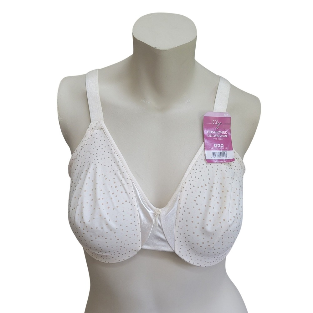 Olga Side Support Underwire Bra 40D White Polka Dot 5006 NWT